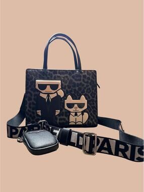 Karl Lagerfeld Leopard Print Tote Bag with Cartoon Design